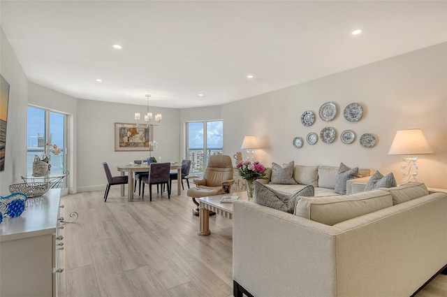 1000 Longboat Club Rd Unit 1105, Longboat Key, FL 34228 - living area with light wood-style floors, a chandelier, and recessed lighting