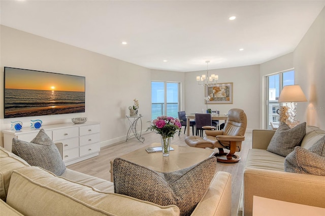 1000 Longboat Club Rd Unit 1105, Longboat Key, FL 34228 - living area with a chandelier, light wood-style floors, and recessed lighting