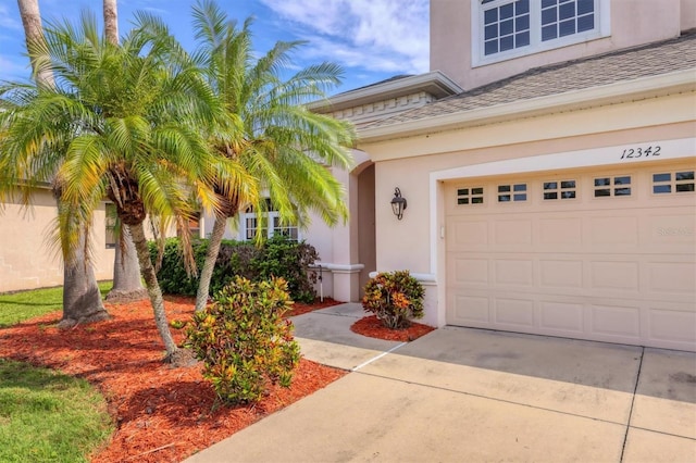 12342 Lavender Loop, Bradenton, FL 34212 - view of exterior entry featuring stucco siding, concrete driveway, and roof with shingles