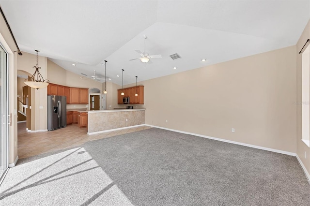 12342 Lavender Loop, Bradenton, FL 34212 - unfurnished living room featuring lofted ceiling, light colored carpet, recessed lighting, and a ceiling fan