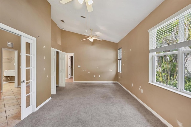 12342 Lavender Loop, Bradenton, FL 34212 - empty room featuring ceiling fan, high vaulted ceiling, and carpet flooring