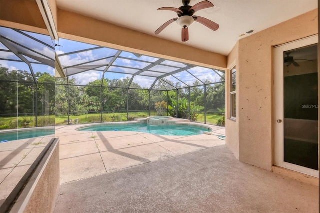 12342 Lavender Loop, Bradenton, FL 34212 - view of pool featuring a patio area, ceiling fan, a pool with connected hot tub, and glass enclosure
