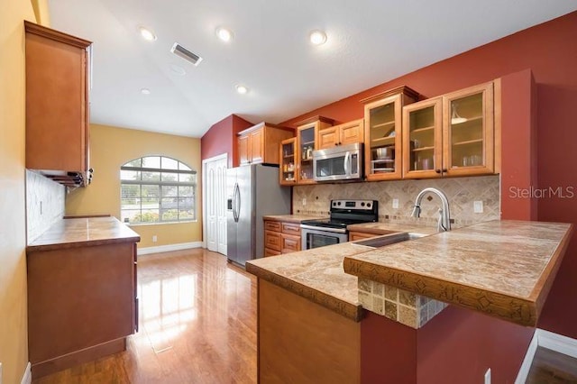 4127 Middle River Ter, Ellenton, FL 34222 - kitchen featuring appliances with stainless steel finishes, brown cabinetry, a peninsula, tasteful backsplash, and lofted ceiling