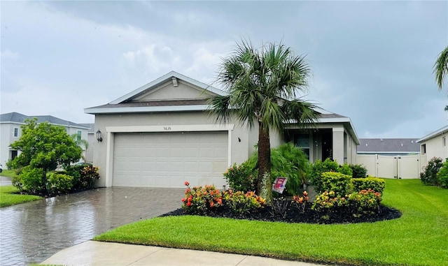 5635 Los Robles Ct, Palmetto, FL 34221 - ranch-style house with stucco siding, a front yard, a garage, decorative driveway, and a gate