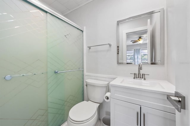 441 62nd St, Holmes Beach, FL 34217 - full bath with vanity, a shower stall, ceiling fan, and tile walls