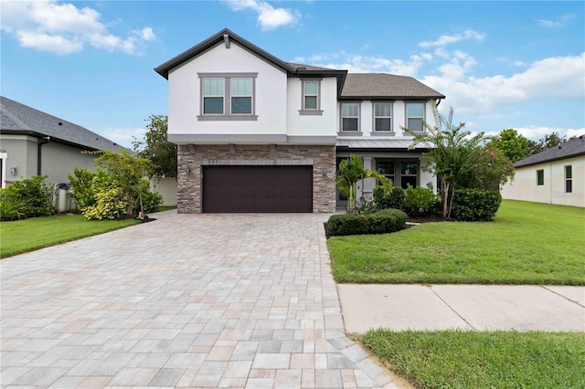 731 116th Ct NE, Bradenton, FL 34212 - view of front of house featuring stucco siding, decorative driveway, a front lawn, and a garage