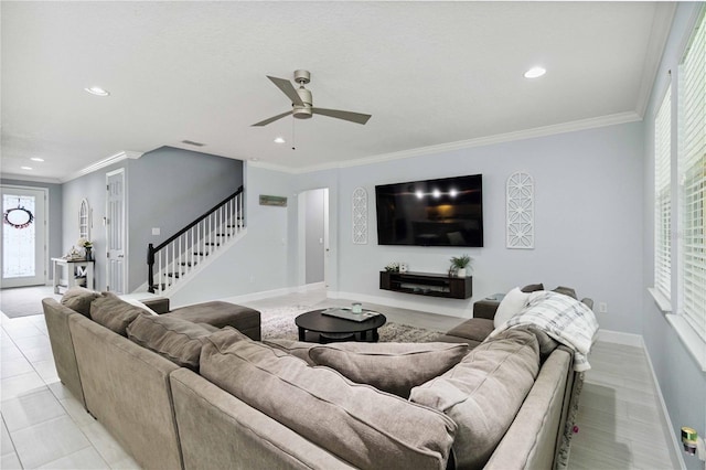 731 116th Ct NE, Bradenton, FL 34212 - living area featuring stairway, a ceiling fan, recessed lighting, and crown molding
