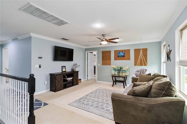 731 116th Ct NE, Bradenton, FL 34212 - living area featuring light carpet, ornamental molding, and a ceiling fan