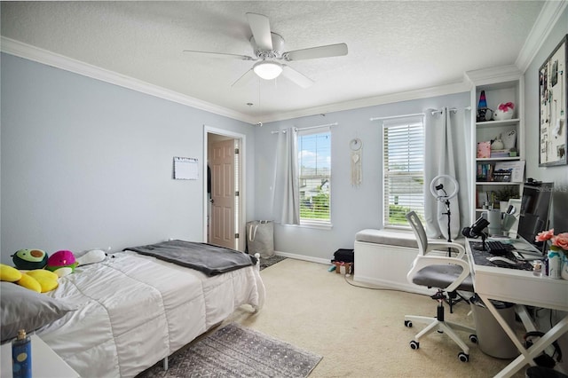 731 116th Ct NE, Bradenton, FL 34212 - bedroom with carpet, ornamental molding, an office area, a textured ceiling, and a ceiling fan