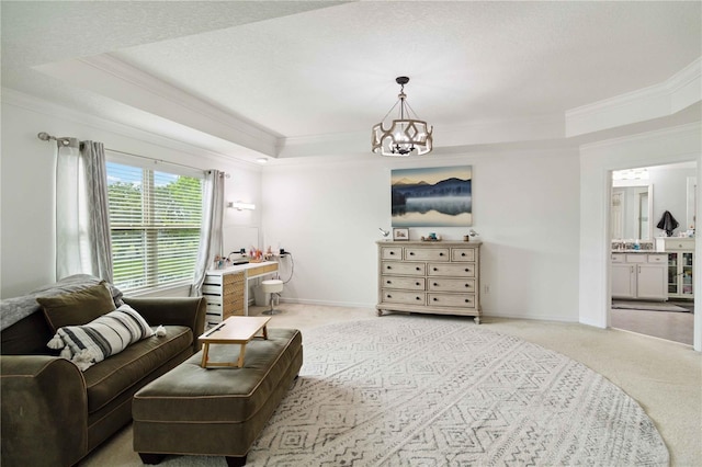 731 116th Ct NE, Bradenton, FL 34212 - living room featuring a raised ceiling, crown molding, light carpet, and a chandelier