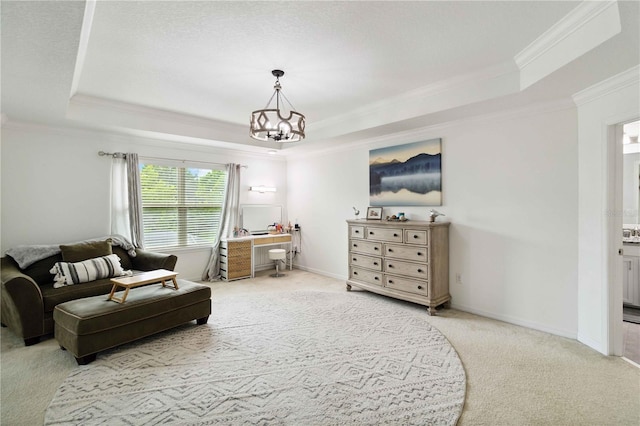 731 116th Ct NE, Bradenton, FL 34212 - carpeted living room featuring a tray ceiling, ornamental molding, an office area, and a chandelier