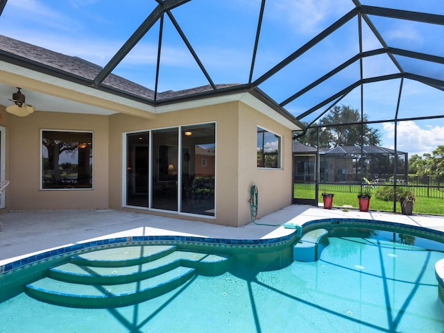 280 Dahlia Ct, Bradenton, FL 34212 - outdoor pool featuring a patio, a lanai, and a ceiling fan