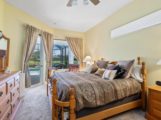 280 Dahlia Ct, Bradenton, FL 34212 - bedroom featuring light colored carpet, access to exterior, and a ceiling fan