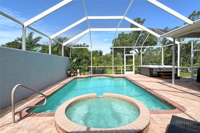 730 137th St NE, Bradenton, FL 34212 - view of pool with a patio area, a pool with connected hot tub, and glass enclosure