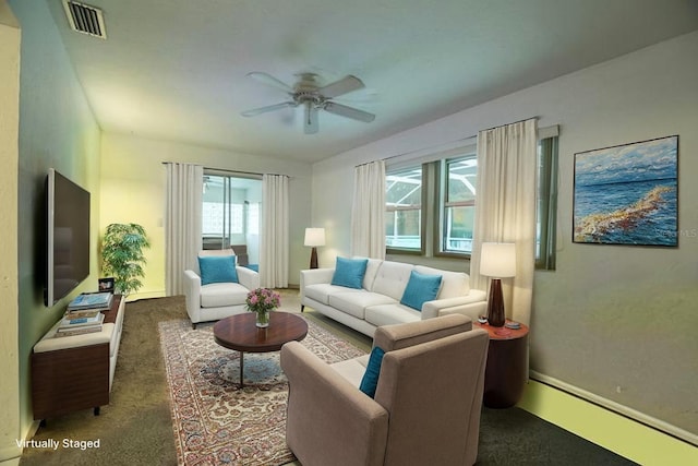 1208 Francis Ave, Sarasota, FL 34232 - carpeted living area featuring ceiling fan and a baseboard radiator