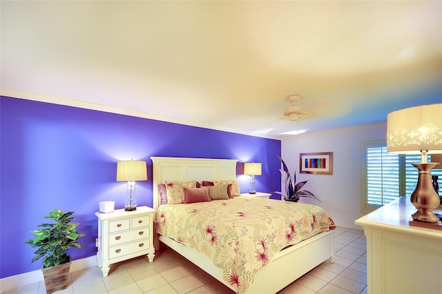2039 Gulf Of Mexico Dr Unit G3-207, Longboat Key, FL 34228 - bedroom with light tile patterned floors, ceiling fan, and ornamental molding