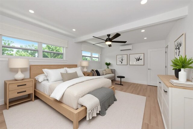 4515 19th Ave W, Bradenton, FL 34209 - bedroom with light wood-style floors, recessed lighting, beamed ceiling, a wall mounted air conditioner, and a ceiling fan