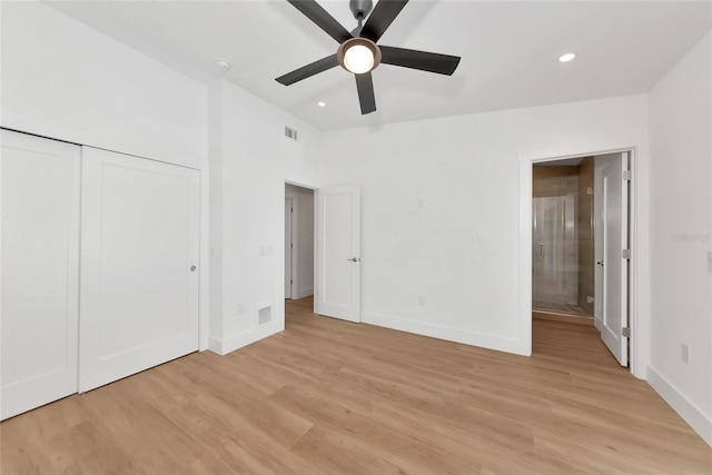 4515 19th Ave W, Bradenton, FL 34209 - unfurnished bedroom with light wood-style flooring, ceiling fan, recessed lighting, and a closet