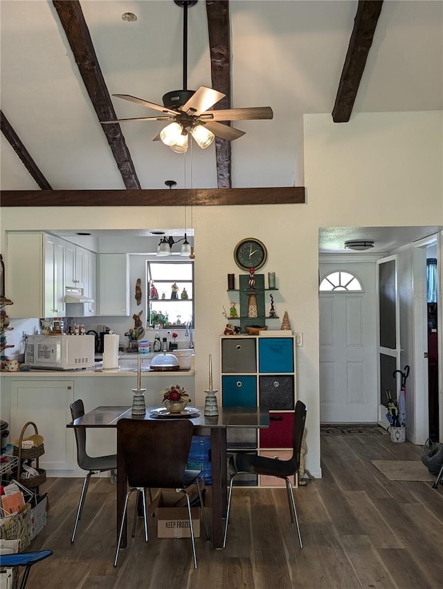 5231 Brassy Loop, North Port, FL 34287 - dining space with beam ceiling, a ceiling fan, high vaulted ceiling, and wood finished floors