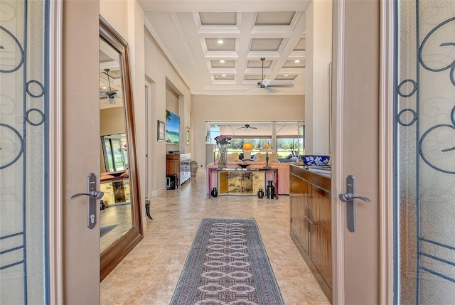7638 Windy Hill Cv, Bradenton, FL 34202 - foyer entrance with coffered ceiling, beam ceiling, a towering ceiling, recessed lighting, and a ceiling fan