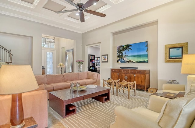 7638 Windy Hill Cv, Bradenton, FL 34202 - living area featuring coffered ceiling, a ceiling fan, ornamental molding, beamed ceiling, and a towering ceiling