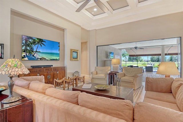 7638 Windy Hill Cv, Bradenton, FL 34202 - living room with ceiling fan, ornamental molding, coffered ceiling, beamed ceiling, and a high ceiling