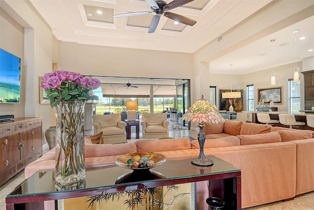 7638 Windy Hill Cv, Bradenton, FL 34202 - living room featuring ceiling fan, coffered ceiling, crown molding, and recessed lighting