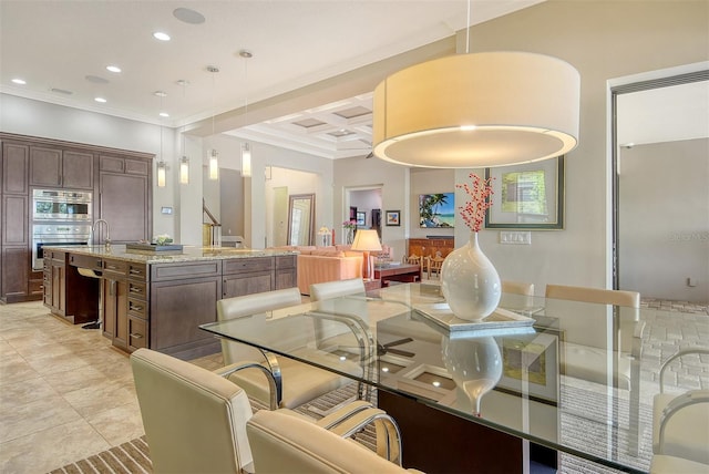 7638 Windy Hill Cv, Bradenton, FL 34202 - dining space with ornamental molding, coffered ceiling, recessed lighting, beamed ceiling, and light tile patterned flooring