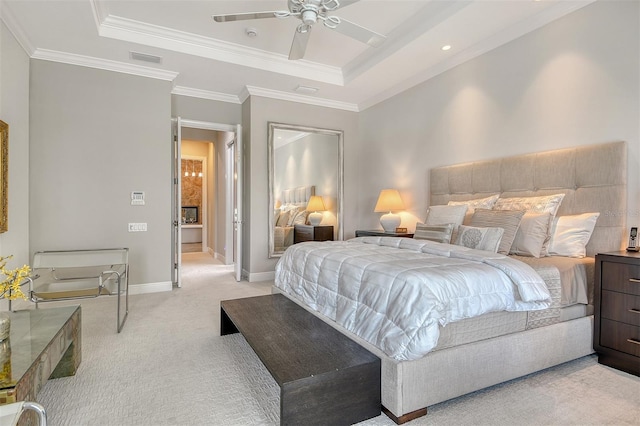 7638 Windy Hill Cv, Bradenton, FL 34202 - bedroom with a raised ceiling, light carpet, crown molding, and a ceiling fan