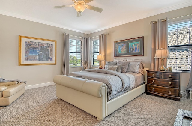 7638 Windy Hill Cv, Bradenton, FL 34202 - bedroom featuring carpet floors, multiple windows, crown molding, and a ceiling fan