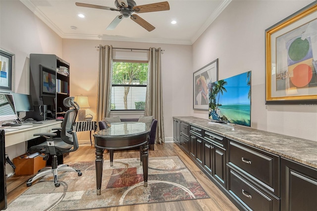 7638 Windy Hill Cv, Bradenton, FL 34202 - office with light wood-type flooring, ceiling fan, ornamental molding, and recessed lighting