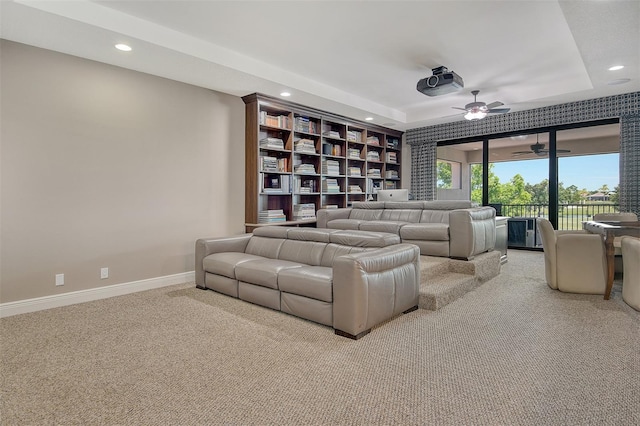 7638 Windy Hill Cv, Bradenton, FL 34202 - carpeted cinema room with recessed lighting, a raised ceiling, and a ceiling fan
