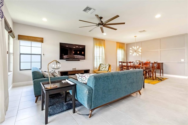 4044 Wisdom Trl, Land O Lakes, FL 34638 - living area with a ceiling fan, recessed lighting, a chandelier, and light tile patterned flooring