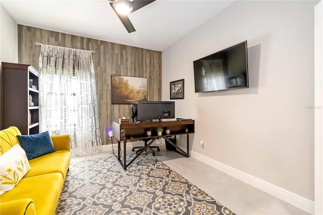 4044 Wisdom Trl, Land O Lakes, FL 34638 - office with wood walls, an accent wall, and a ceiling fan