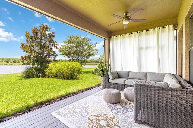 4044 Wisdom Trl, Land O Lakes, FL 34638 - sunroom / solarium featuring a water view, a ceiling fan, and an outdoor hangout area