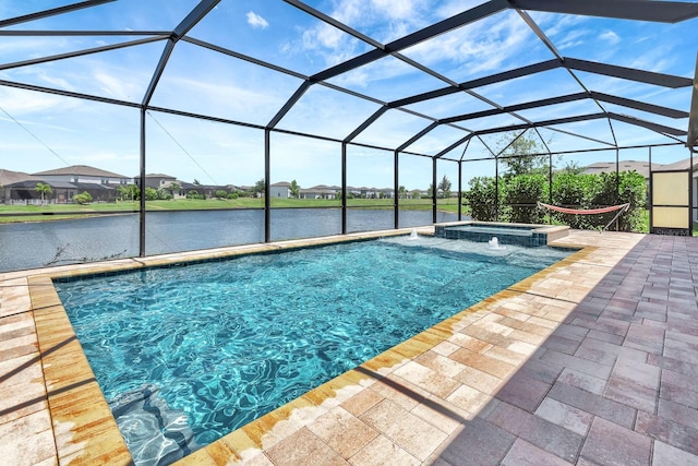 9215 Isabella Cir, Parrish, FL 34219 - view of pool featuring a patio, a pool with connected hot tub, a water view, and a lanai