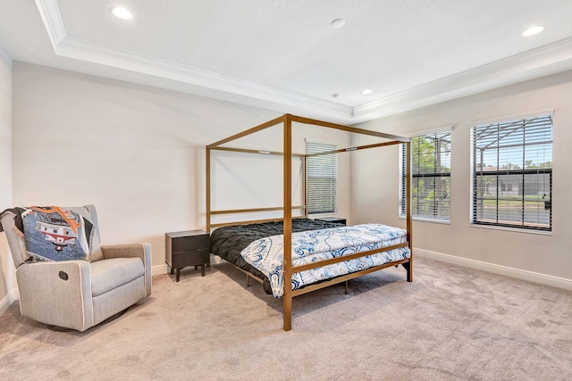 9215 Isabella Cir, Parrish, FL 34219 - bedroom with crown molding, a raised ceiling, light colored carpet, and recessed lighting