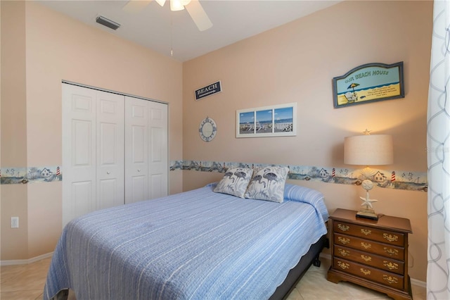 9410 71st Ave E, Palmetto, FL 34221 - bedroom featuring a closet, ceiling fan, and tile patterned floors