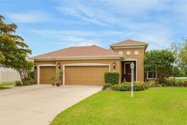 2819 47th St E, Palmetto, FL 34221 - view of front of house with a front lawn, concrete driveway, an attached garage, and stucco siding
