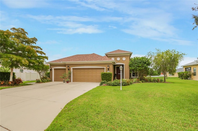 2819 47th St E, Palmetto, FL 34221 - mediterranean / spanish-style house featuring stucco siding, a front yard, concrete driveway, and an attached garage