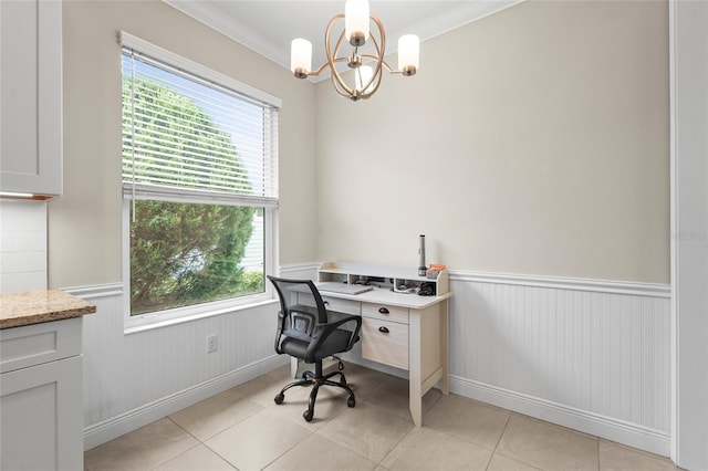 18050 Wooden Skiff Ct, Nokomis, FL 34275 - office space with a wainscoted wall, a chandelier, healthy amount of natural light, light tile patterned floors, and ornamental molding