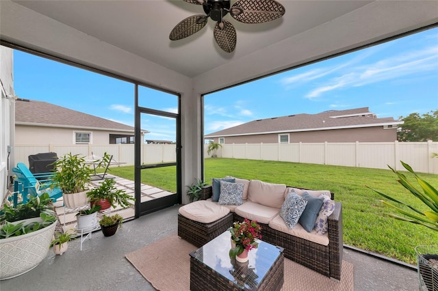 5134 Jackel Chase Dr, Wimauma, FL 33598 - sunroom / solarium with a ceiling fan and outdoor lounge area