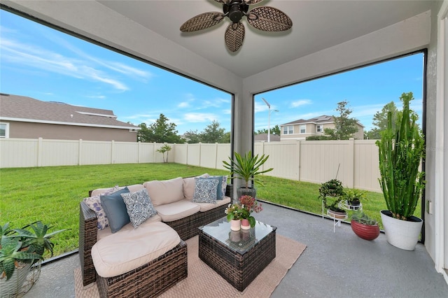 5134 Jackel Chase Dr, Wimauma, FL 33598 - fenced backyard featuring ceiling fan, a patio, and outdoor lounge area