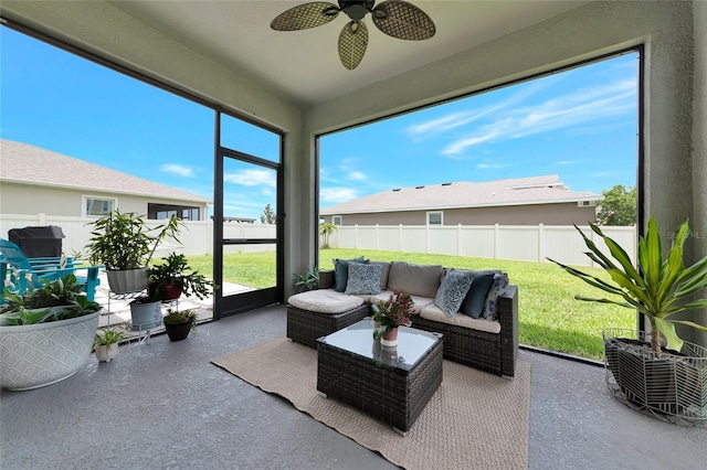 5134 Jackel Chase Dr, Wimauma, FL 33598 - sunroom / solarium featuring ceiling fan and an outdoor hangout area