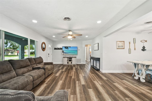 303 45th St W, Bradenton, FL 34209 - living area with ceiling fan, dark wood finished floors, and recessed lighting