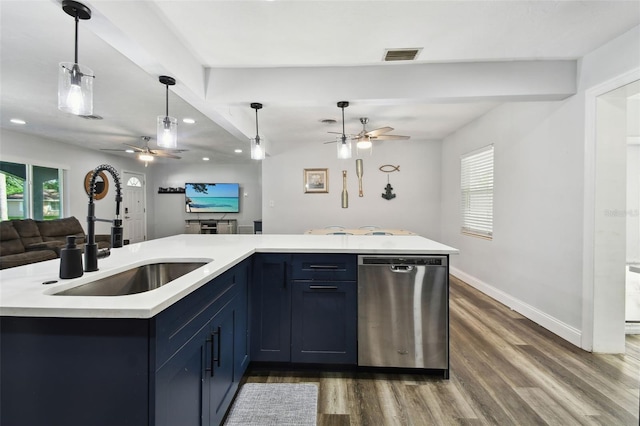 303 45th St W, Bradenton, FL 34209 - kitchen with stainless steel dishwasher, a ceiling fan, open floor plan, dark wood-style floors, and recessed lighting