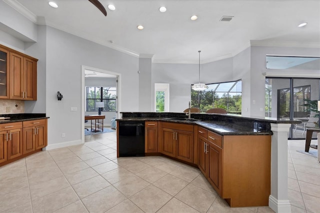 13818 Milan Ter, Lakewood Ranch, FL 34202 - kitchen with dishwasher, brown cabinets, light tile patterned flooring, glass insert cabinets, and tasteful backsplash