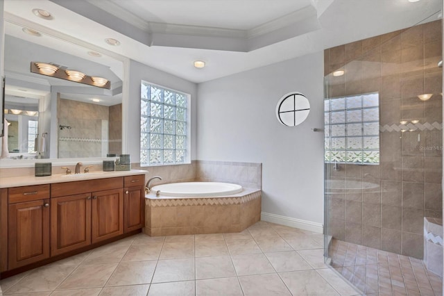 13818 Milan Ter, Lakewood Ranch, FL 34202 - full bath with vanity, crown molding, a shower stall, a garden tub, and tile patterned flooring