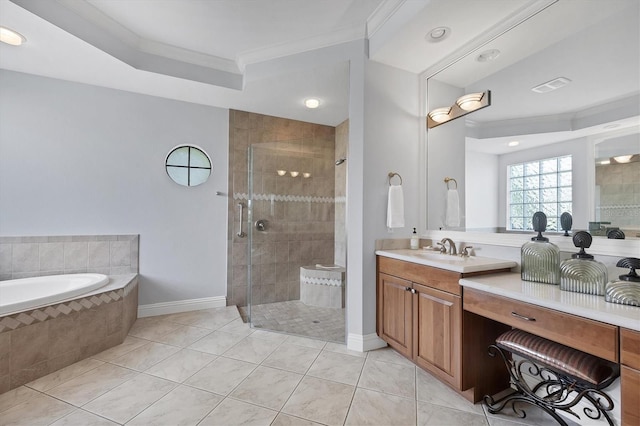 13818 Milan Ter, Lakewood Ranch, FL 34202 - full bathroom featuring ornamental molding, a shower stall, vanity, a bath, and tile patterned flooring