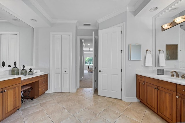 13818 Milan Ter, Lakewood Ranch, FL 34202 - full bathroom with vanity, crown molding, tile patterned floors, and a closet